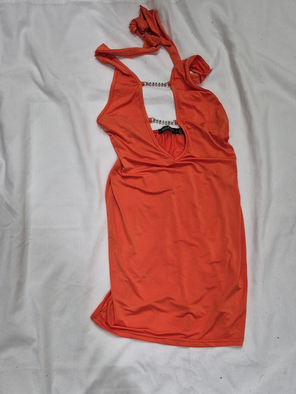 Boohoo Orange Halter Tank with Silver Chain Front